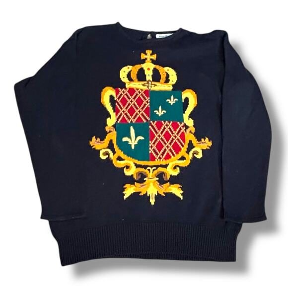 Vintage 90s Marisa Christina Black Knit Crewneck Crest Coat of Arms Sweater - Picture 13 of 13
